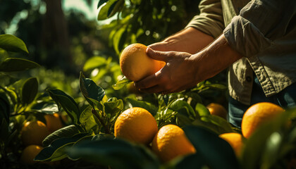 Recreation of hands farmer taking oranges in a plantation - obrazy, fototapety, plakaty