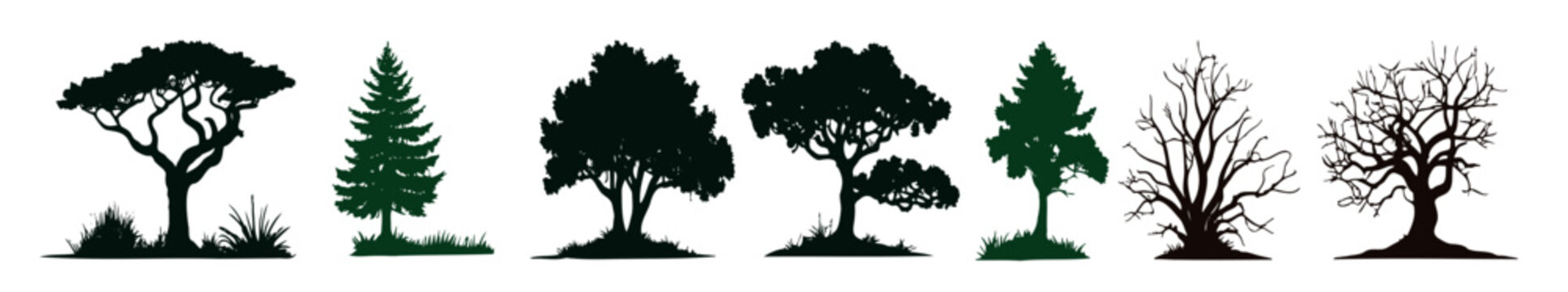 Big collection trees. Ink sketches set isolated on white background. Hand drawn vector illustration. Retro style.