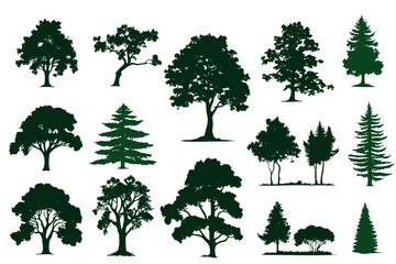 Silhouette tree drawing set, Side view, sketch set of graphics trees elements outline symbol for architecture and landscape design drawing. - obrazy, fototapety, plakaty