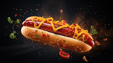 Hot dog with flying ingredients and spices hot ready to serve and eat. Food commercial advertisement. Menu banner with copy space area - obrazy, fototapety, plakaty