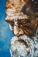 Abstract portrait of a sad old man - oil illustration. A modern portrait of a grandfather tilting his head, oil painting