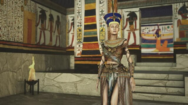 Queen Nefertiti in front of the great pyramid of Giza and a view of the desert in the ancient temple. Historical animation. The Great Pyramids In Giza Valley, Cairo, Egypt