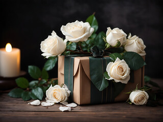 Gift box with white roses on a dark wooden background.  - Powered by Adobe