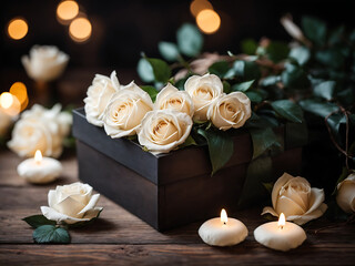 Obraz premium Gift box with white roses on a dark wooden background. 