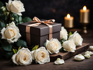 Gift box with white roses on a dark wooden background. 