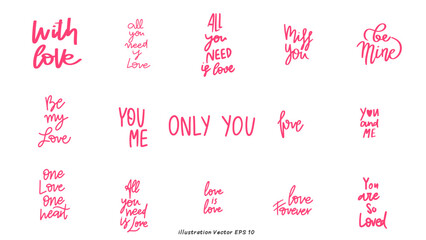 Hand lettering set in Valentine's Day ,hand lettering on white background , Flat Modern design , illustration Vector EPS 10