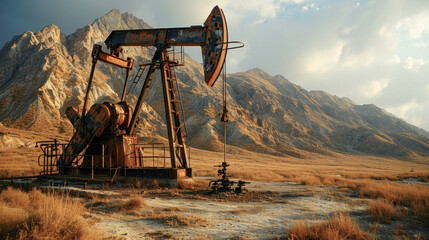 Very old Rusty Unused Oil Pump in a rough Landscape early in the Morning Wallpaper Background Backdrop Poster Card