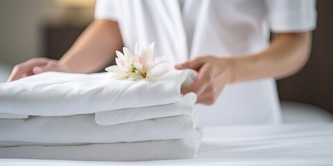 Obraz na płótnie Canvas Professional maid holding freshly folded white towels in a hotel room, ensuring cleanliness and comfort.