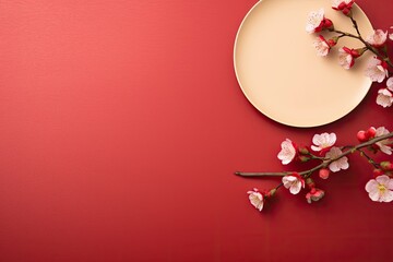 Chinese new year decoration on red background, flat lay , copy space - generative ai