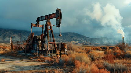 Fototapeta premium Very old Rusty Unused Oil Pump in a rough Landscape early in the Morning Wallpaper Background Backdrop Poster Card