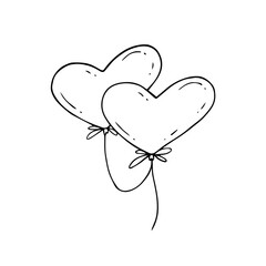 Linear sketch, doodles of balloons of hearts. Vector graphics.