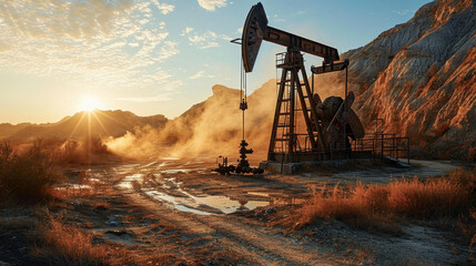 Very old Rusty Unused Oil Pump in a rough Landscape early in the Morning Wallpaper Background Backdrop Poster Card