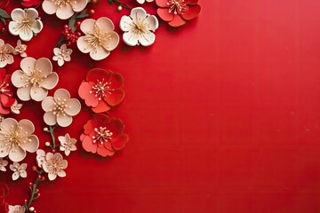 Chinese new year decoration on red background, flat lay , copy space - generative ai