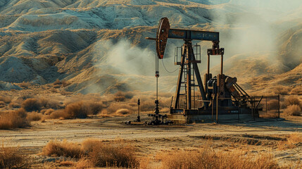Naklejka premium Very old Rusty Unused Oil Pump in a rough Landscape early in the Morning Wallpaper Background Backdrop Poster Card