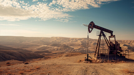 Naklejka premium Very old Rusty Unused Oil Pump in a rough Landscape early in the Morning Wallpaper Background Backdrop Poster Card