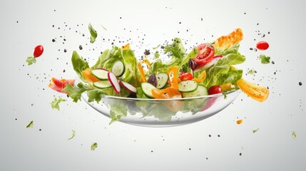 Diet menu. Healthy salad of fresh vegetables with flying ingredients ready to serve and eat. Food commercial advertisement. Menu banner with copy space area