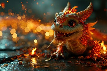 a cute dragon celebrating the year of the dragon 2024, smiling, chinese fireworks background