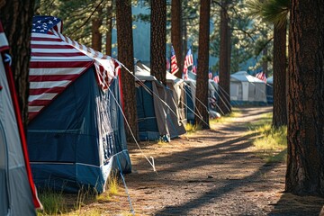 Rows of patriotic tents in a camping of pine trees and red, white & blue stripes