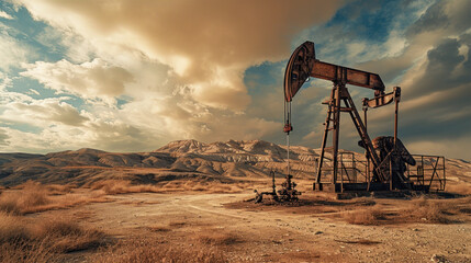 Very old Rusty Unused Oil Pump in a rough Landscape early in the Morning Wallpaper Background Backdrop Poster Card