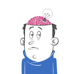A young man's brain, adorned with a lightbulb, sparks enlightenment