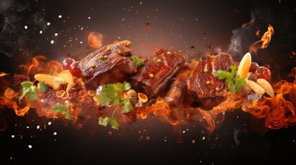 Barbeque with flying ingredients and spices hot ready to serve and eat. food commercial advertisement. menu banner with copy space area. Grill food