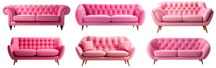 Collection of pink color modern sofa on a transparent png background