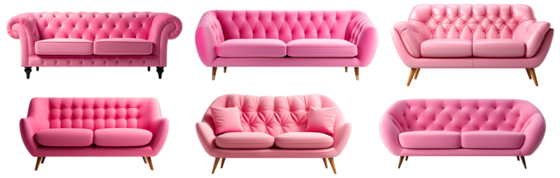 Collection of pink color modern sofa on a transparent png background