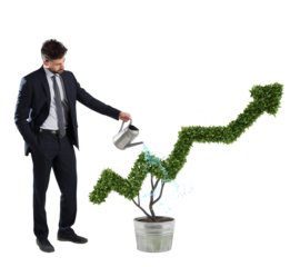 Businessman watering a plant that grows like an arrow. Concept of growing of company economy.