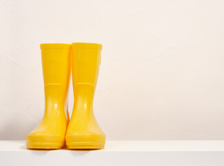 Walks in the woods or work in the garden. Yellow rubber boots to protect feet. Copy space for text.