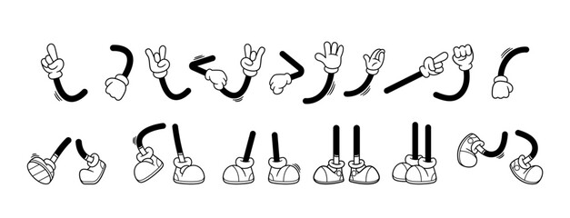 Isolated Legs and Arms in Cartoon Comic Retro Style. Stick Feet In Shoes Walk, Stand And Dance or Run, Arms Gestures