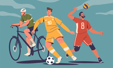 Bicyclist, Soccer And Basketball Player Male Characters Engage In Activities, Showcasing Remarkable Athleticism
