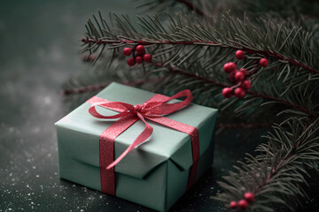 Fototapeta na wymiar Blue gift box with ribbon and branch of Christmas tree on dark background