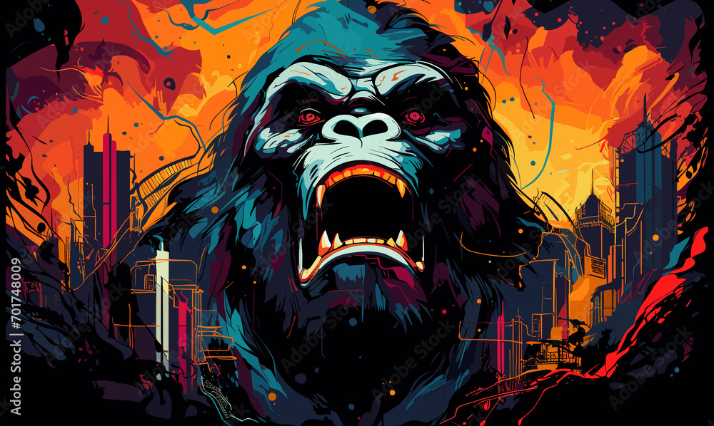 Wall mural gorilla on the streets of metropolis in psychedelic vector pop art style