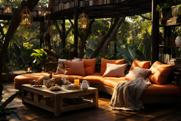 Relaxation and lounge area on the villa's terrace with large sofas and a table at sunset - obrazy, fototapety, plakaty