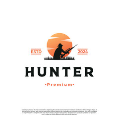 Hunter logo design on isolated background, man with gun logo silhouette