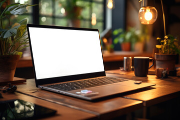 Mockup of a laptop screen on a table in a cafe. Remote work of a freelancer in a coworking place