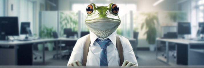 Frog business man, reptile director. Happy looking. Cunning and untrustworthy a slippery character.