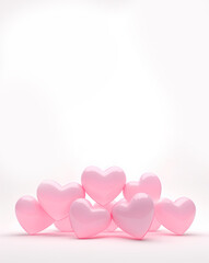 Pink glow hearts isolation on white background 3d render, glass effect, vertical poster, wallpaper,...