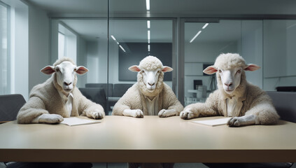 Sheep sitting at a big office table, dressed in a business suit. Corporate look, entrepreneur, at the meeting