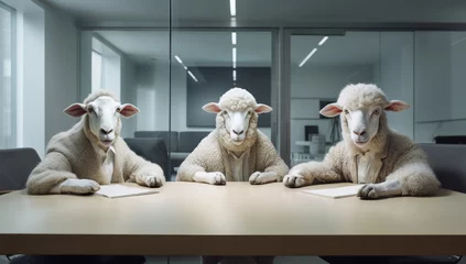 Selbstklebende Fototapeten Sheep sitting at a big office table, dressed in a business suit. Corporate look, entrepreneur, at the meeting © MD Media