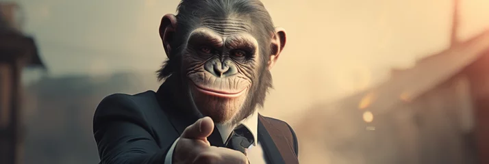 Foto op Plexiglas Chimp monkey businessman giving thumbs up. in a stylish classic suit in the office, animal boss in human body, entrepreneur © MD Media