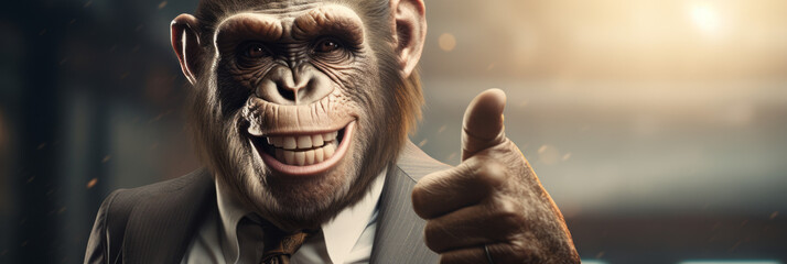 Chimp monkey businessman giving thumbs up. in a stylish classic suit in the office, animal boss in human body, entrepreneur - Powered by Adobe