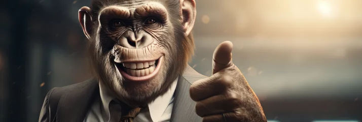 Foto op Canvas Chimp monkey businessman giving thumbs up. in a stylish classic suit in the office, animal boss in human body, entrepreneur © MD Media