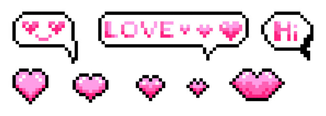 Vector illustration of a Pixel art collection of red and pink hearts icons, kiss, smiling face. 14 February speech bubbles, love chats, conversation frames set. 
