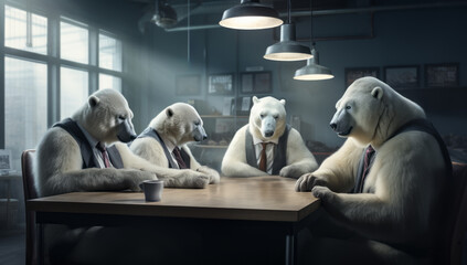 Four polar bears sitting at a table, in the style of corporate management.