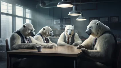 Schilderijen op glas Four polar bears sitting at a table, in the style of corporate management. © MD Media