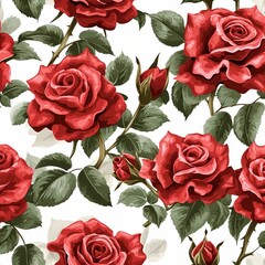 Pattern of red roses on a white background, elegant and romantic, ideal for Valentine's Day
