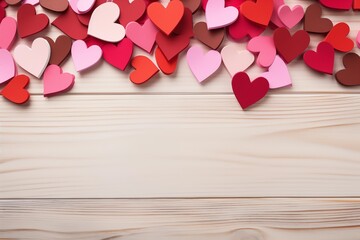 Rustic wooden background with red heart-shaped cutouts, country style Valentine's Day theme