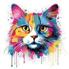 Colorful cat head illustration white background pop art T-shirt design
