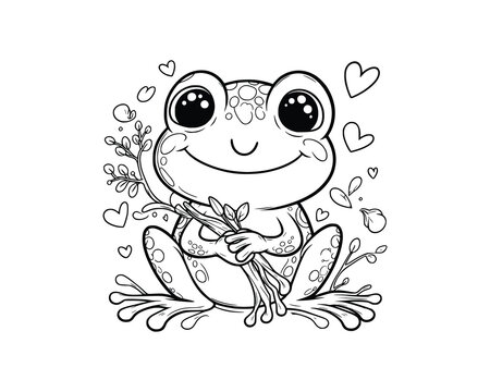 Cute Cartoon of frog coloring book. outline line art. Printable Design. isolated white background
